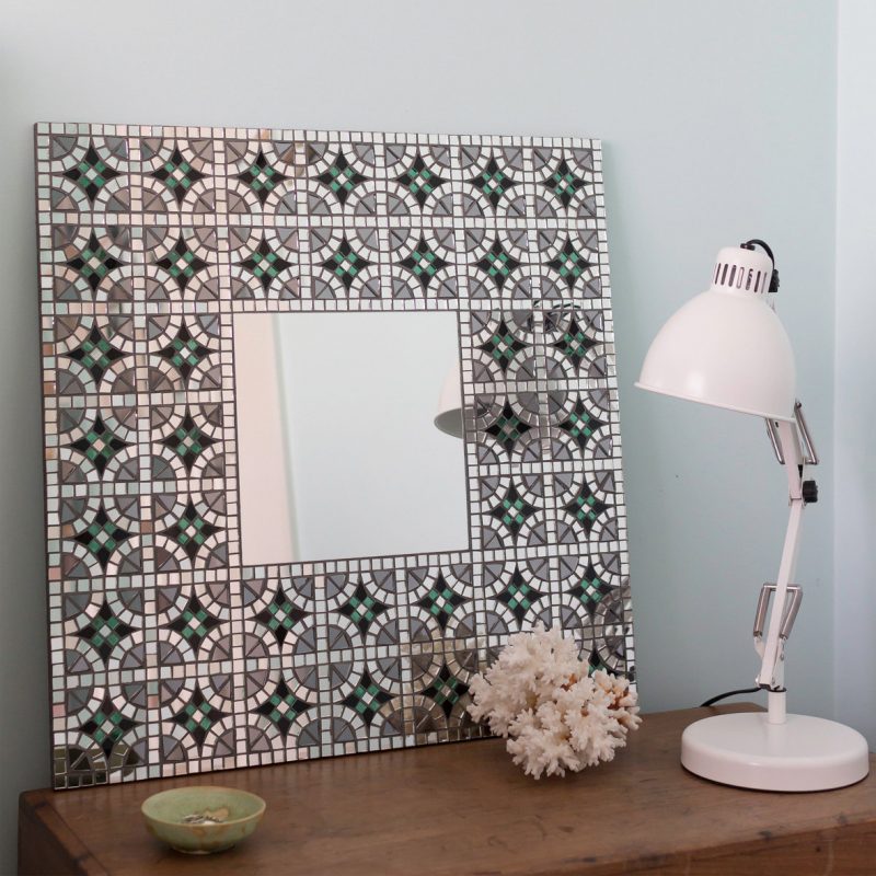 Square Mirror With Large Bordered Geometric Pattern Frame