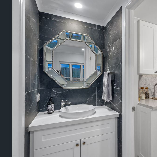Bathroom Mirrors - The Top Mirrored Trends in Bathroom Design silver beaded Hex Mirror