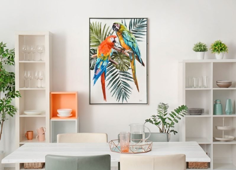 Framed Parrot Wall Art Hanging On White Wall