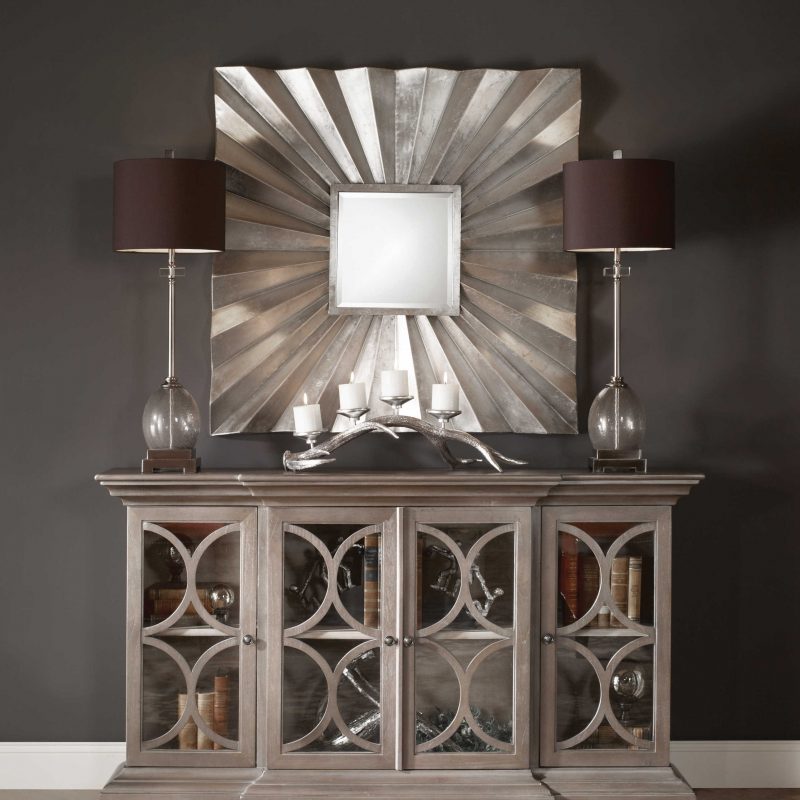 Uttermost Adelmar Square Mirror over buffet table. Luxe Mirrors