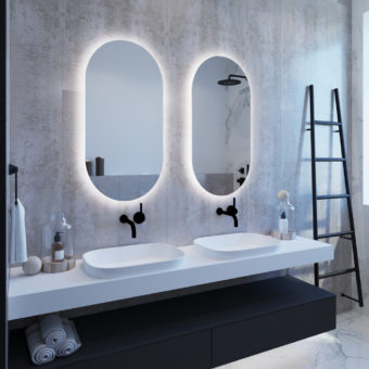 Two Oval Bathroom Mirrors with Soft Rear Glow Lighting