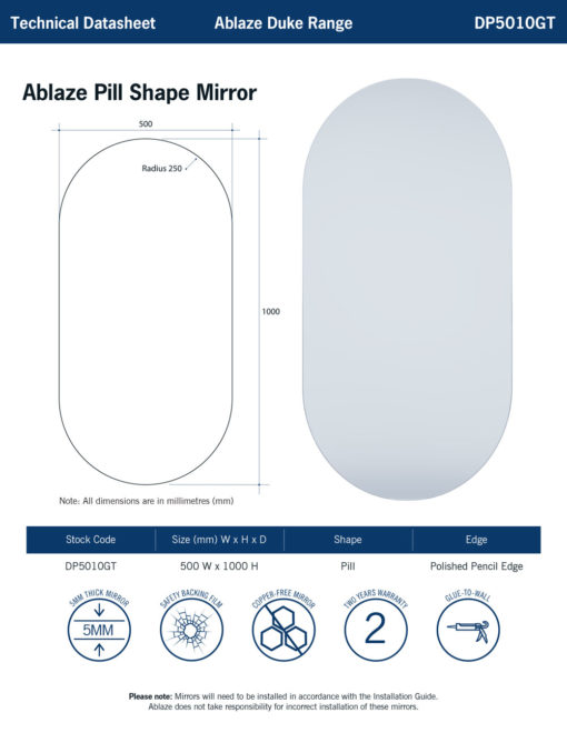 Pill Shape Polished Edge Mirror - Glue-To-Wall or Metal Hangers
