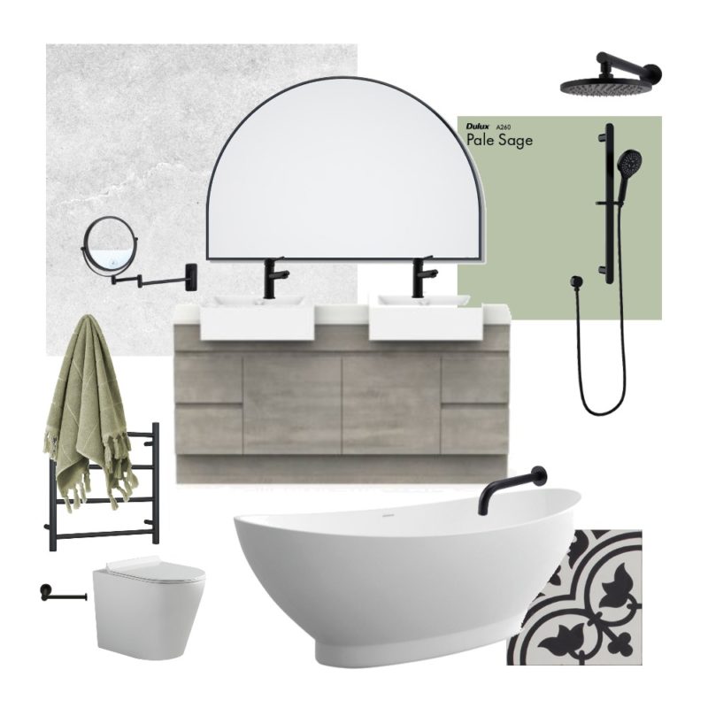 Sage Haven Moodboard featuring an Arched Mirror made with a metal metal frame and copper free glass.