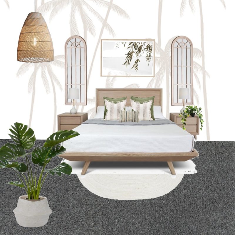 Rustic Beach Grandeur Moodboard features the Traditional style arched window mirror with a white, rustic wooden frame. 