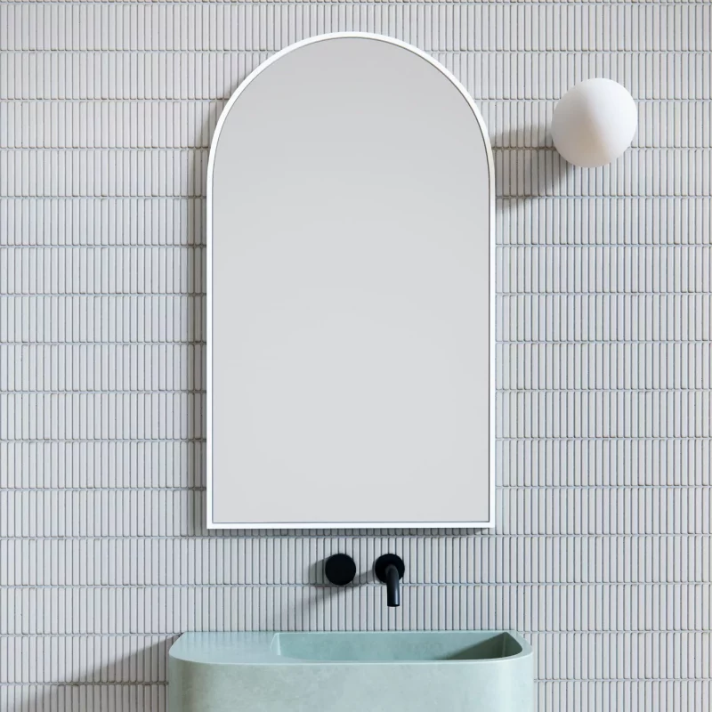 Arched White Metal Framed Bathroom Mirror (96cm x 56cm)