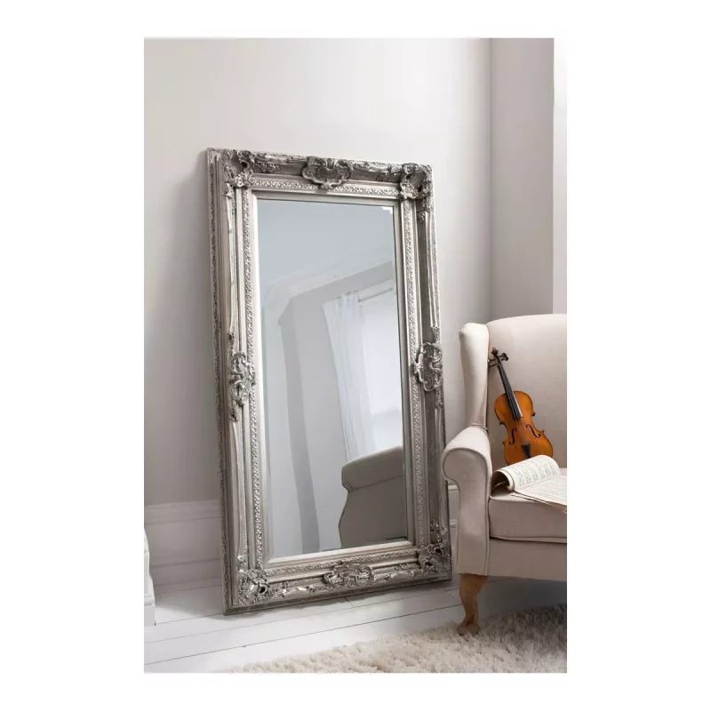Silver Leaner Mirror with an Antique Silver Baroque styled wooden frame