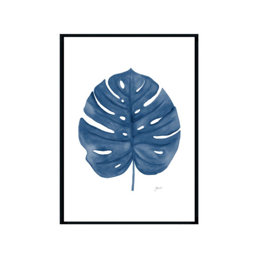 Monstera-Living-Art-Leaf-in-Navy-Blue-Fine-Art-Print-Black