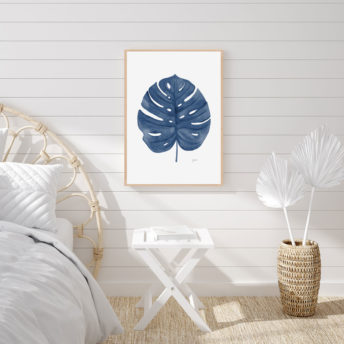 Monstera-Living-Art-Leaf-in-Navy-Blue-Fine-Art-Print-LifeStyle1