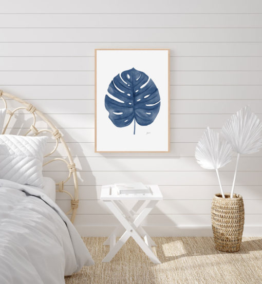 Monstera-Living-Art-Leaf-in-Navy-Blue-Fine-Art-Print-LifeStyle1