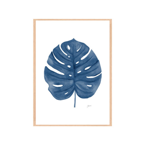 Monstera-Living-Art-Leaf-in-Navy-Blue-Fine-Art-Print-Natural
