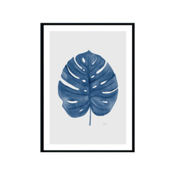 Monstera-Living-Art-Leaf-in-Navy-Blue-with-Whisper-Grey-Fine-Art-Print-Black