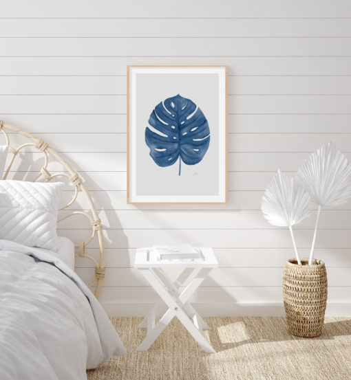 Monstera-Living-Art-Leaf-in-Navy-Blue-with-Whisper-Grey-Fine-Art-Print-LifeStyle1