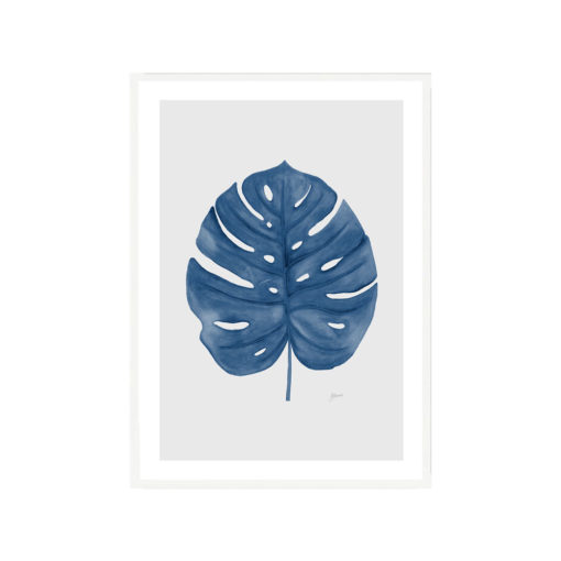 Monstera-Living-Art-Leaf-in-Navy-Blue-with-Whisper-Grey-Fine-Art-Print-White