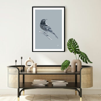 Regent-Honeyeater-Australian-Bird-in-Wedgewood-Blue-Fine-Art-Print-LifeStyle