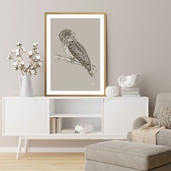 Tawny-Frogmouth-Australian-Bird-in-Pine-Cone-Fine-Art-Print-LifeStyle1