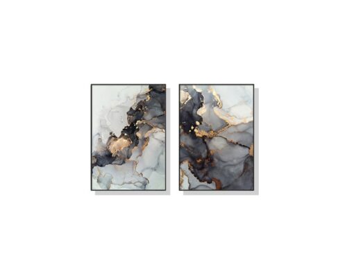 Set of 2 Grey & Gold Marble Abstract Wall Art Canvas