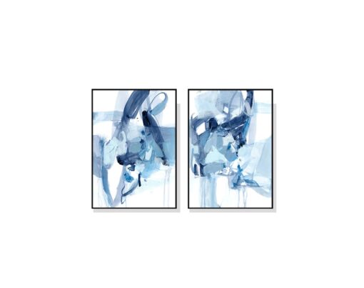 Set of 2 White and Blue Abstract Wall Art Canvas