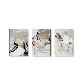 Set of 3 Abstract Beige Wall Art Canvas