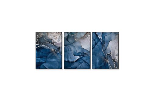 Set of 3 Gold and Blue Marble Wall Art Canvas