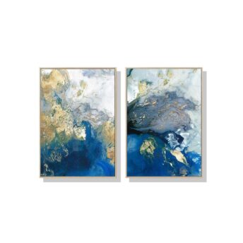 Set of 2 Marbled Blue And Gold Wall Art Canvas