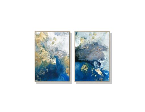 Set of 2 Marbled Blue And Gold Wall Art Canvas