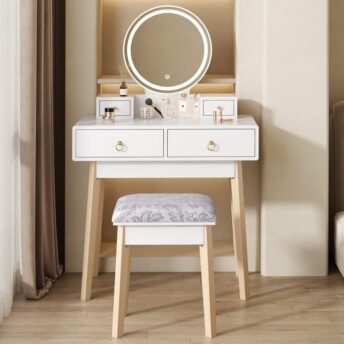 Dressing Table Set with Round LED Makeup Mirror